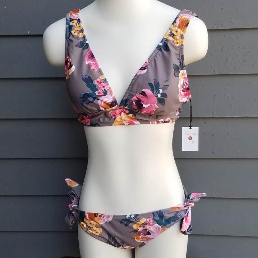 Shade & Shore Floral Bikini Set in Gray with Pink & Yellow Flowers